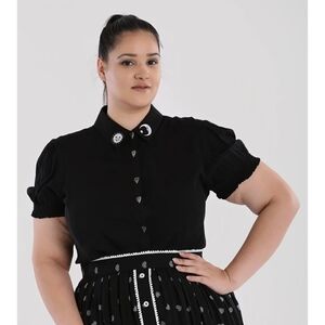 Hell Bunny Black Button Down Top with Puff Sleeves